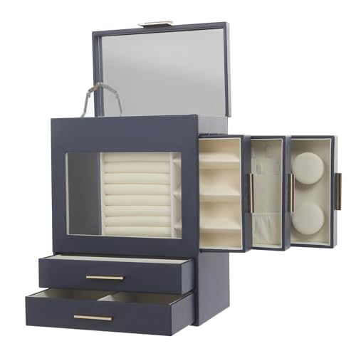 LIAIZE Große Schmuckschatulle, 26 * 17 * 35cm Schmuck Organizer mit Spiegel, Schmuckkästchen für Damen Mädchen, Schmuckaufbewahrung mit Durchsichtige Tür, Herausnehmbaren Schubladen (Marineblau) von LIAIZE