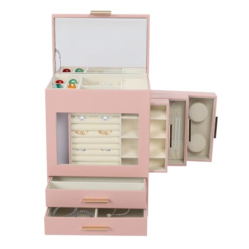 LIAIZE Große Schmuckschatulle, 26 * 17 * 35cm Schmuck Organizer mit Spiegel, Schmuckkästchen für Damen Mädchen, Schmuckaufbewahrung mit Durchsichtige Tür, Herausnehmbaren Schubladen (Pink, Klar) von LIAIZE