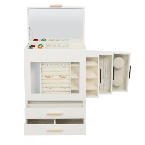 LIAIZE Große Schmuckschatulle, 26 * 17 * 35cm Schmuck Organizer mit Spiegel, Schmuckkästchen für Damen Mädchen, Schmuckaufbewahrung mit Durchsichtige Tür, Herausnehmbaren Schubladen (Weiß) von LIAIZE