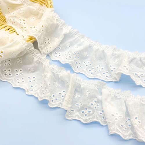 LIANCHEN 5 Yards 7 cm Breite Spitzenbänder Blumenmuster Blumen Spitzenbordüre Vintage Weiß Rüschen Spitzenbesatz Öse Inelastische Stickerei Zierband Spitzenborte für Nähen Handwerk Hochzeit (Weiß 2) von LIANCHEN