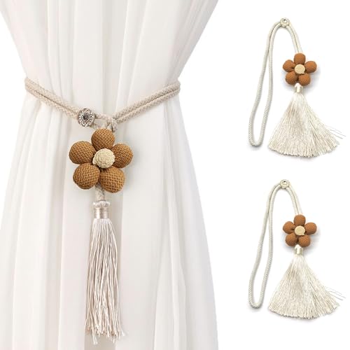 LIANCHEN 2 Pcs Gestrickte Vorhang Halter Beige Blumen Raffhalter Blumen Boho Vorhanghalter Deko Raffhalter Dekorative Vorhang Gardinen Kordel mit Perlen für Haus, Büro, Fenster Dekoration (Braun) von LIANCHEN