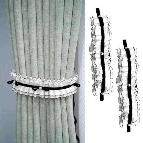 LIANCHEN 2 Pcs Gestrickte Vorhang Halter Beige Blumen Raffhalter Blumen Boho Vorhanghalter Deko Raffhalter Dekorative Vorhang Gardinen Kordel mit Perlen für Haus, Büro, Fenster Dekoration (Schwarz) von LIANCHEN