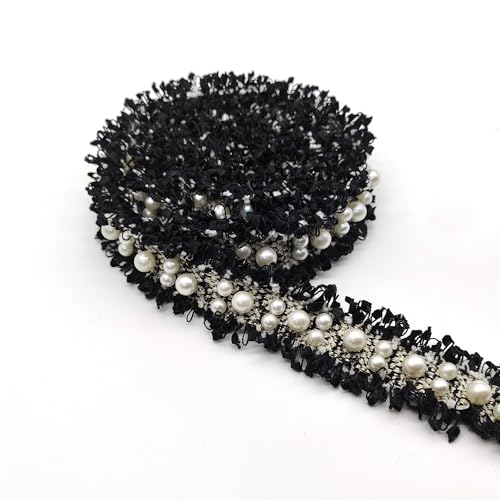 LIANCHEN 5 Yard Stickerei Perlenband 3cm Breit Spitzenband Häkelspitze mit Perlen Schwarze Stoffband mit Perlen Häkelspitze Vintage Perlen Häkelband Dekoband für Nähen Deko, Handwerk (Schwarze) von LIANCHEN