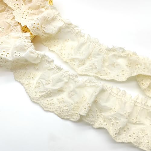 LIANCHEN 5 Yards Weißes Baumwoll Ösen Spitzenband 7 cm breit rüschen Trim Baumwolle Dekoband Spitzenband zum Nähen Beige plissierter spitzenband Für Handwerk, Rüschenkragen, Hochzeit Deko (Beige) von LIANCHEN