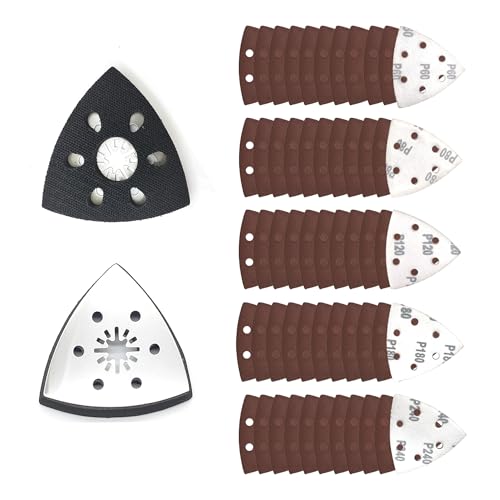 LIANCHEN Multitool Schleifaufsatz, 2 Pcs 93x93x93mm Deltaschleifer Schleifplatte und 50 Pcs Deltaschleifer Schleifpapier 40 60 80 120 180 240 Körnung 6 Löcher für Multischleifer (93x93x93mm) von LIANCHEN