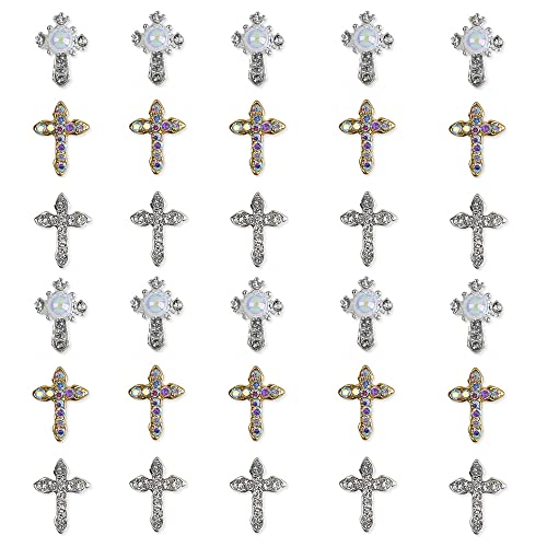 CHENNAN 30 Stück 3D Kreuz Form Nagel Kunst Charms aus Nagel Strass Nail Art Strasssteine 3D Nagelschmuck Mit Perle Für Nageldekorationen für Nägel DIY Strass Kristall Diamant Nail Art Dekoration (1#) von LIANGQI