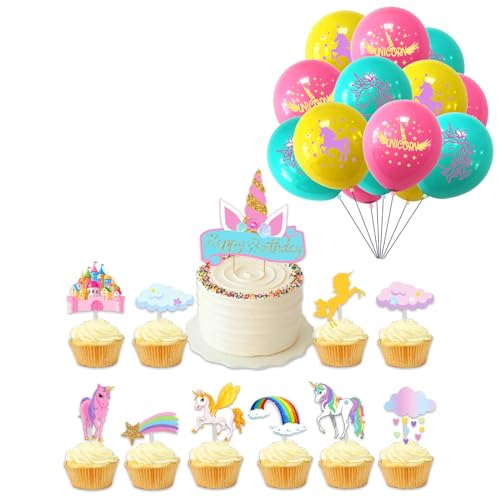 LIANRISES 11 Stück Einhorn Tortendeko und 12 StüCk Einhorn Luftballon Happy Birthday Tortendeko Regenbogen Tortendeko Cupcake Deko Einhorn Muffin Deko von LIANRISES