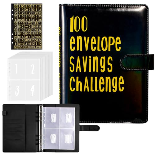 Ringbuch A5,100 Envelope Saving Challenge mit Challenge Tracker und Pre-numbered Taschen,für Budget Planner,Budget Binder,Geld Sparen Challenge,Sparbuch,Geburtstags Geschenk(Schwarz) von LIBAIDZ