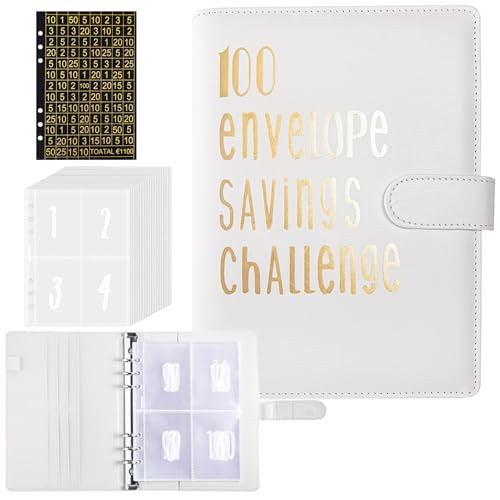 Ringbuch A5,100 Envelope Saving Challenge mit Challenge Tracker und Pre-numbered Taschen,für Budget Planner,Budget Binder,Geld Sparen Challenge,Sparbuch,Geburtstags Geschenk(Weiß) von LIBAIDZ