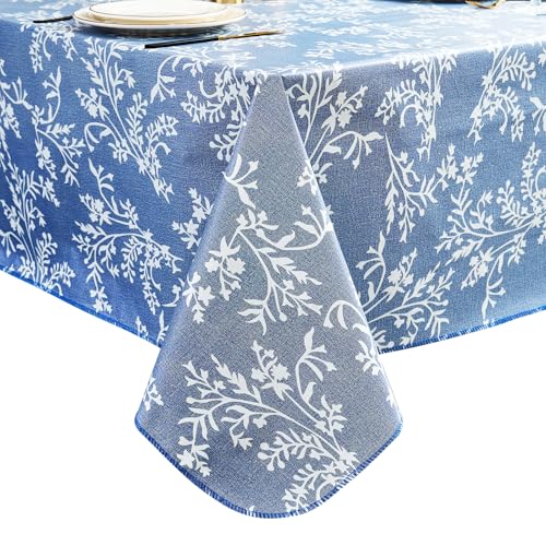 LIBERECOO Vinyl-Tischdecke mit Flanellrückseite, indigofarbener Botanischer Charme, wasserdicht, abwischbar, strapazierfähig, 4 Farben (helles Denim, 259 x 152 cm) von LIBERECOO