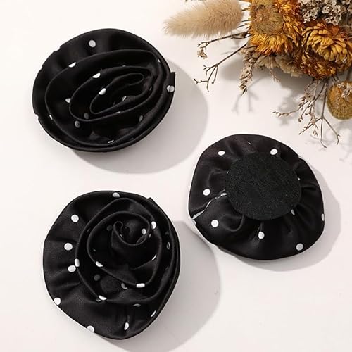 LIBERGA 10 Stück Kunstblumen Aus Satinstoff mit Runden Punkten, Dekorationszubehör für Kleidung, 8cm Große Blumenköpfe Zur Herstellung Von Haarschmuck, Schwarz von LIBERGA