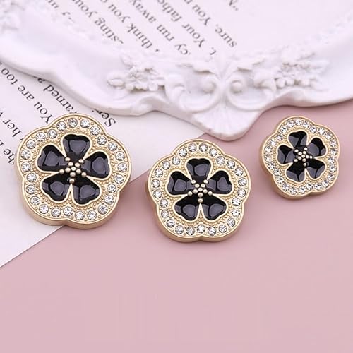 LIBERGA 10 Stück Strass Blumen Knöpfe mit Schaft, Modischer Metallknopf für Kleidung Strickjacken Mäntel Bastelprojekte, Goldener Rand, Schwarz, 18mm von LIBERGA