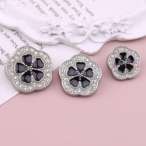LIBERGA 10 Stück Strass Blumen Knöpfe mit Schaft, Modischer Metallknopf für Kleidung Strickjacken Mäntel Bastelprojekte, Silberrand, Schwarz, 18mm von LIBERGA