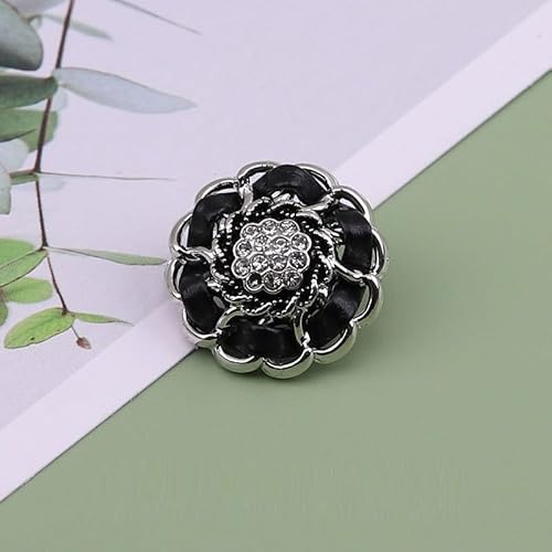 LIBERGA 10 Stück Strass Blumen Knöpfe mit Schaft, Modischer Metallknopf für Kleidung Strickjacken Mäntel Bastelprojekte, Silberrand, Schwarz, 18mm von LIBERGA