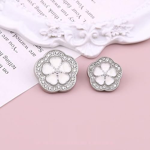 LIBERGA 10 Stück Strass Blumen Knöpfe mit Schaft, Modischer Metallknopf für Kleidung Strickjacken Mäntel Bastelprojekte, Silberrand, Weiß, 23mm von LIBERGA