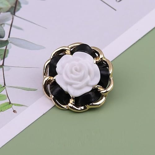 LIBERGA 10 Stück Weiße Blumen Knöpfe mit Schaft, Metallknopf für Kleidung Strickjacken Mantel Bastelprojekte, Goldener Rand, Schwarz, 23mm von LIBERGA