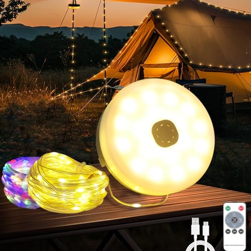 Camping Lichterkette Aufrollbar 10m, 4-in-1 Wasserdichte Tragbare LED Lichterkette Camping mit 12 Beleuchtungsmodi, 3000mAh Wiederaufladbare Lichterkette für Camping Zelt Dekoration mit Fernbedienung von LIBERRWAY