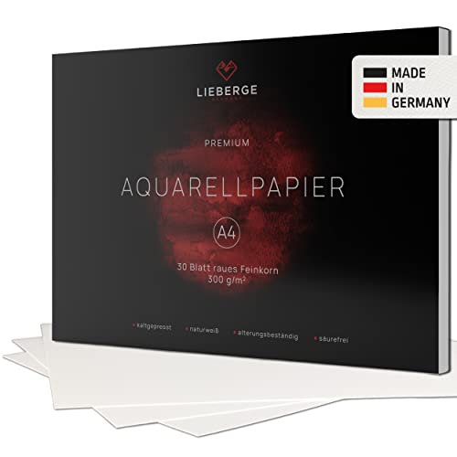 LIEBERGE Premium Aquarellpapier A4 300g – made in Germany – 30 Blatt Aquarellblock verleimt – naturweißes Malpapier für Wasserfarben | Watercolor Paper (DIN-A4 30 Blatt) von LIEBERGE