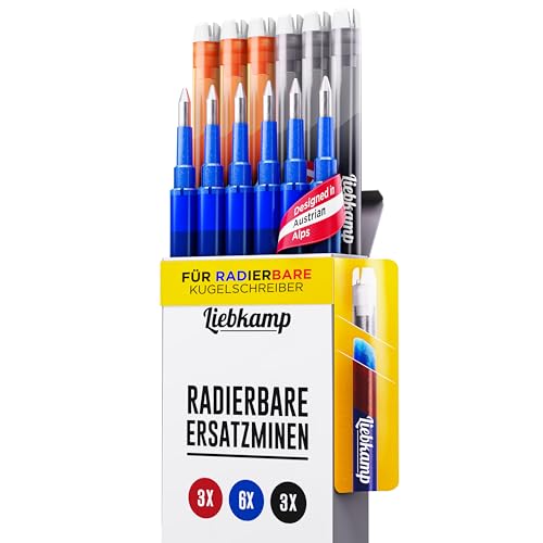 LIEBKAMP Radierbare Ersatzmine blau, rot, schwarz 0,7mm [12 Stk]|Für Radierbarer Kugelschreiber, Tintenroller Radierbar, Radierstift, Erasable Pen von LIEBKAMP