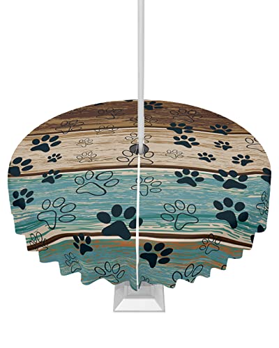 Outdoor-Tischdecke mit Hundepfotenabdruck, 152,4 cm, rund, rustikales Blaugrün, Braun, Beige, Holz, Bauernhaus, wasserdicht, Outdoor-Tischdecke mit Schirmloch und Reißverschluss, für Picknick/Terrasse von LIFEMUSION