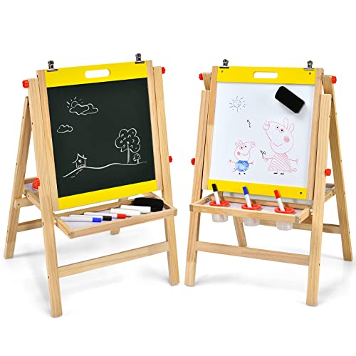 LIFEZEAL 2 in 1 Kindertafel, Höhenverstellbare Staffelei Kinder, Standtafel aus Holz, Abklappbare Maltafel, Doppelseitenbrett mit Kreidetafel & Whiteboard, mit Zubehör & Ablageregal (Gelb) von LIFEZEAL