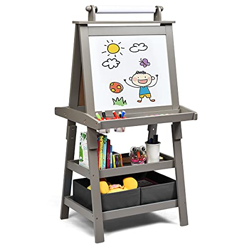 LIFEZEAL 3 in 1 Kindertafel, Staffelei Kinder mit Doppelseitiger Tafel, Standtafel mit 2 Ablageebenen, Whiteboard & Kreidtafel & Papierrolle, Maltafel mit 2 Aufbewahrungsboxen, Magnettisch (Grau) von LIFEZEAL