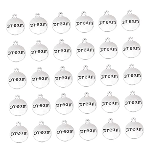 LIFKOME 100 Stück Diy Charm Anhänger Set Runde Form Buchstaben Design Schmuckherstellung Zubehör für Armbänder Ohrringe Schlüsselanhänger Silber Traum Muster von LIFKOME