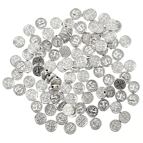 LIFKOME 100 Stück Runde Kreuzperlen aus Legierung Jesus Kruzifix Spacer Perlen für DIY Schmuckherstellung Antike Silberfarbe Religiöse Armband und Halskettenperlen von LIFKOME