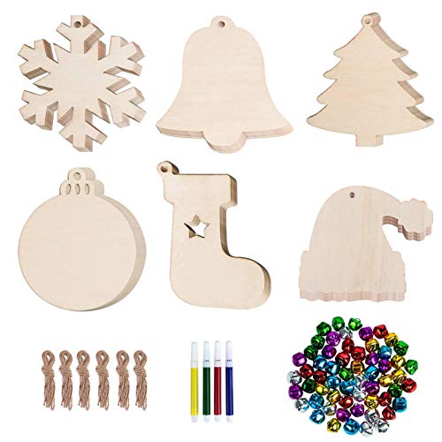 LIFKOME 114 Stück Teiliges Weihnachts Holzornament Set Diy Graffiti Holzscheiben für Festliche Dekoration Glocken und Farben für Kreative Bastelprojekte Zufällige Farbe von LIFKOME