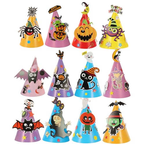 LIFKOME 12 Stück Teiliges Halloween DIY Papierhut Bunte Cartoon Motive Leichte Halloween Kappen Kreative Partydekoration für Feste und Kreative Aktivitäten von LIFKOME