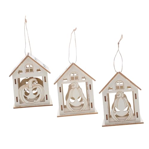 LIFKOME 3 Stück Teiliges Halloween Deko Set Holz Kürbishäuser DIY Bastelset Kreativ Geschenk Miniatur Haus Ornament für Wohnraum und Desktop Dekoration von LIFKOME
