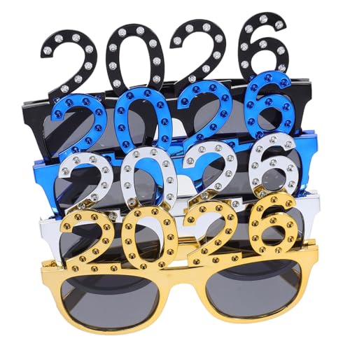 LIFKOME 4 Stück Silvester Partybrillen aus Bunte Neujahrsbrillen für Silvester Feiern Fotorequisiten Auffällige Zahlenbrillen in Gold Silber Blau Schwarz Vielseitig für Party und Foto von LIFKOME