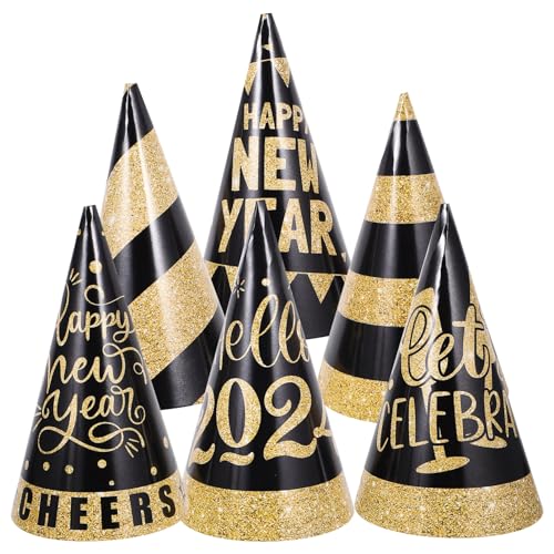 LIFKOME 6 Stück 2024 Neujahrsparty Gold-Glitzer-Hüte Kegel-Partyhüte Ausgefallene Neujahrs-Papierkegel-Hut Neujahrs-Partygeschenke Party-Dekorationen von LIFKOME
