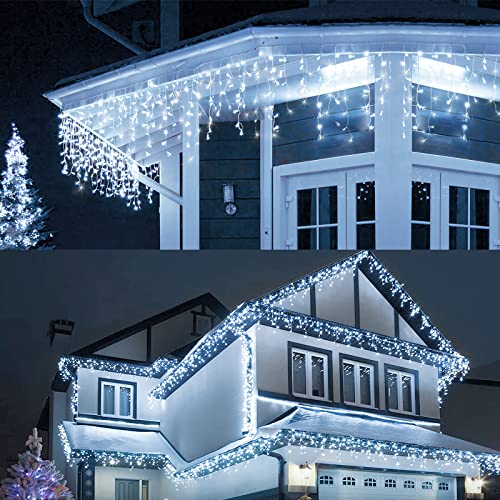 LEDYA Eisregen Lichterkette Au?en, 9M Lichterkette Strom mit Stecker, Wasserdicht Weihnachtsbeleuchtung Kaltwei?e, 8 Modi, Eiszapfen Lichtervorhang f¨¹r Traufe, Treppe, Gel?nder, Fenster von LEDYA