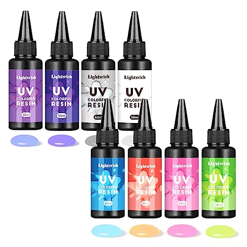 LIGHTWISH Farbiges UV-Harz, 8 Farben UV-Harz-Kit, schnelles Ultraviolett härtendes Epoxidharz für Handwerk, Schmuckherstellung, Gießen und Beschichtung, DIY-Handwerk (je 50 g) von LIGHTWISH