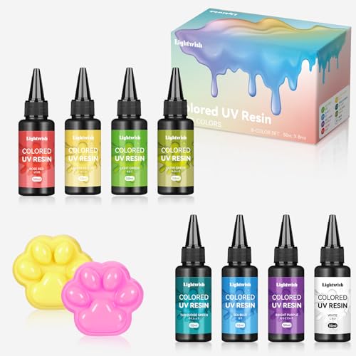 Farbiges UV-Harz, 8 Macron Farben UV-Harz-Kit, schnelles Ultraviolett härtendes Epoxidharz für Handwerk, Schmuckherstellung, Gießen und Beschichtung, DIY-Handwerk (je 50 g) von LIGHTWISH