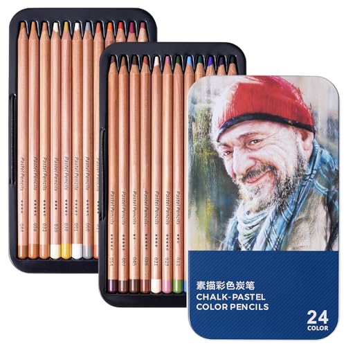 LIGHTWISH Professionelle Farbige Kohle Bleistifte, 24 Farben Pastell Kreide Bleistifte Set in Geschenk-Metallbox, für Anfänger Erwachsene Künstler Schattierung Zeichnen Schichten Mischen von LIGHTWISH
