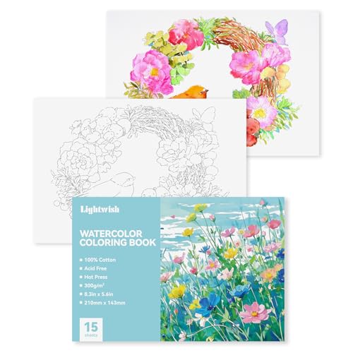 Lightwish Aquarell-Malbuch für Erwachsene und Anfänger, 100 % Baumwolle, 300 g/m², säurefreies Heißpresspapier, 21,6 x 14 cm, 15 Blatt, Blumenmuster von LIGHTWISH