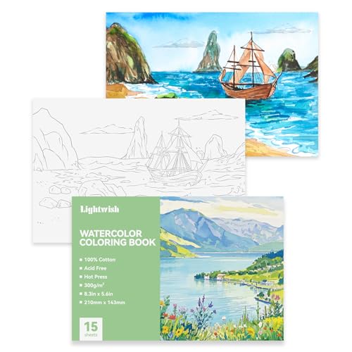 Lightwish Aquarell-Malbuch für Erwachsene und Anfänger, 100 % Baumwolle, 300 g/m², säurefreies Heißpresspapier, 21,6 x 14 cm, 15 Blatt, Querformat von LIGHTWISH