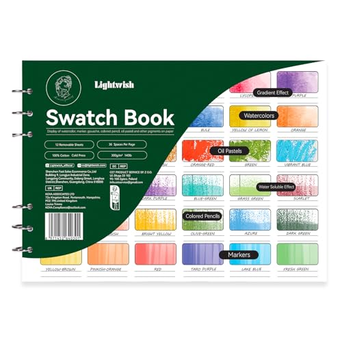 Lightwish Aquarell Zeichenblock，12 Detachable Sheets 100% Cotton 36 Spaces,10.63 * 7.68 in, Watercolor Swatch Book，300gsm/140lb Hot Press für Ölpastellkreide, Aquarell, Gouache, Notizbuch Ringbuch von LIGHTWISH