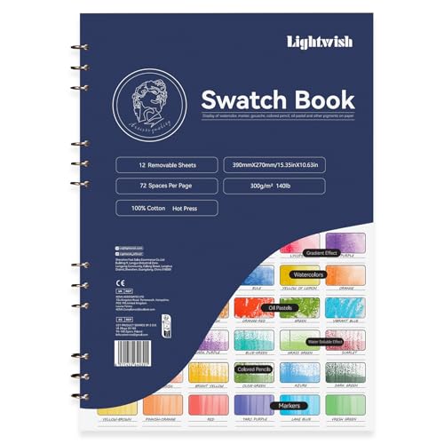 Lightwish Aquarell Zeichenblock，12 Detachable Sheets 100% Cotton 72 Spaces,15.35 * 10.63 in, Watercolor Swatch Book，300gsm/140lb Hot Press für Ölpastellkreide, Aquarell, Gouache, Buntstifte von LIGHTWISH