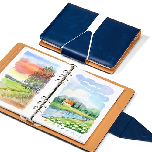 Lightwish Aquarellpapier Skizzenbuch A5 (14x21cm), 100% Baumwolle, 300 g/m², Säurefreies Kaltgepresst Watercolor Sketchbook für Künstler & Studenten - Mischtechnik Tagebuch（Doppelleder Blau） von LIGHTWISH