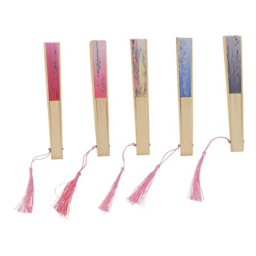 LIGIGWASH 5 Stück Faltfächer Handfächer Rund Faltbar Handfächer Faltbar Handfächer Faltbar Fächer Requisite Dekoration Flora Stofffächer Bunt Vintage Damen Tragbar Holz von LIGIGWASH