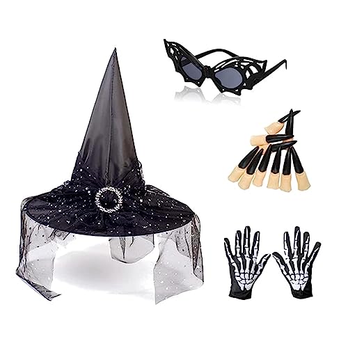 LIGSLN Hexenhut für Damen und Mädchen, Punk, Netzstoff, Schleier, mit künstlichen Nägeln, Sonnenbrillen und Handschuhen, Festival-Kostüm für Cosplay, Party, Aufführungen, Hüte für Frauen, Animes für LIGSLN Hexenhut für Damen und Mädchen, Punk, Netzstoff, Schleier, mit künstlichen Nägeln, Sonnenbrillen und Handschuhen, Festival-Kostüm für Cosplay, Party, Aufführungen, Hüte für Frauen, Animes für von LIGSLN