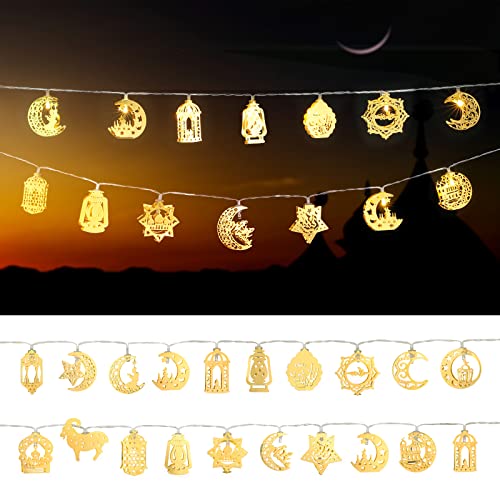 LIHAO Eid al Adha Ramadan 2 PCS Lichterketten Stern Mond Eid Mubarak 20 LEDs Licht Laternen Dekoration für Ramadan Party Hochzeit Geburtstag (Warmweiß) von LIHAO