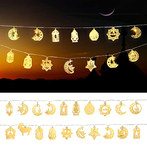 LIHAO 2 PCS Ramadan Lichterketten Stern Mond Eid Mubarak 20 LEDs Licht Laternen Dekoration für Ramadan Party Hochzeit Geburtstag (Warmweiß) von LIHAO