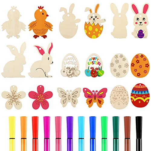 LIHAO 48 TLG Holzanhänger Ostern Deko mit Schnur DIY Basteln zum Bemalen Holz Anhänger für Kinder Ostereier Osterhase Blumen Schmetterling Küken Ornamente Verzierungen (MEHRWEG) von LIHAO