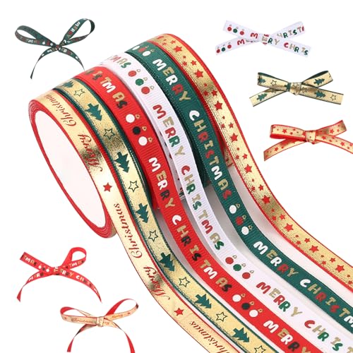 LIHAO 6 Rollen Schleifenband Weihnachten Geschenkband Rot Gold Bedruckte Weihnachtsmotiv Weihnachtsband Deko Stoffband zum Geschenkpackung Basteln Weihnachten von LIHAO