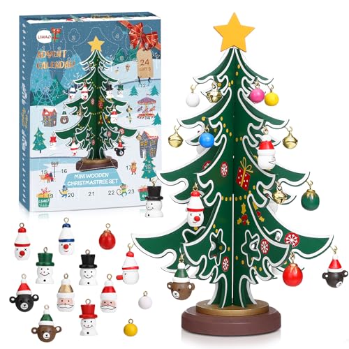 LIHAO Adventskalender 2024 Weihnachtsbaum Mini Holz Christmas Tree mit 24 Anhänger Kreativer Adventskalender Baum Deko für DIY Weihnachtsbaum Kinder LIHAO Adventskalender 2024 Weihnachtsbaum Mini Holz Christmas Tree mit 24 Anhänger Kreativer Adventskalender Baum Deko für DIY Weihnachtsbaum Kinder von LIHAO