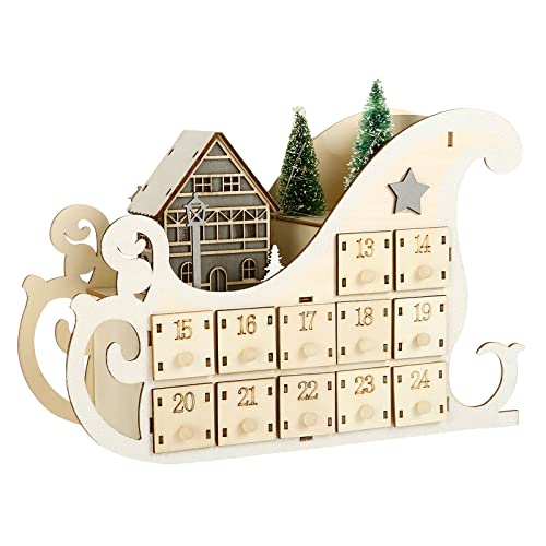 LIHAO Holz Weihnachtsschlitten Adventskalender zum Befüllen 24 Weihnachtskalender mit LED Lichter Weihnachtsdeko Schlittenwagen Adventszeit Geschenk für Weihnachten Deko von LIHAO